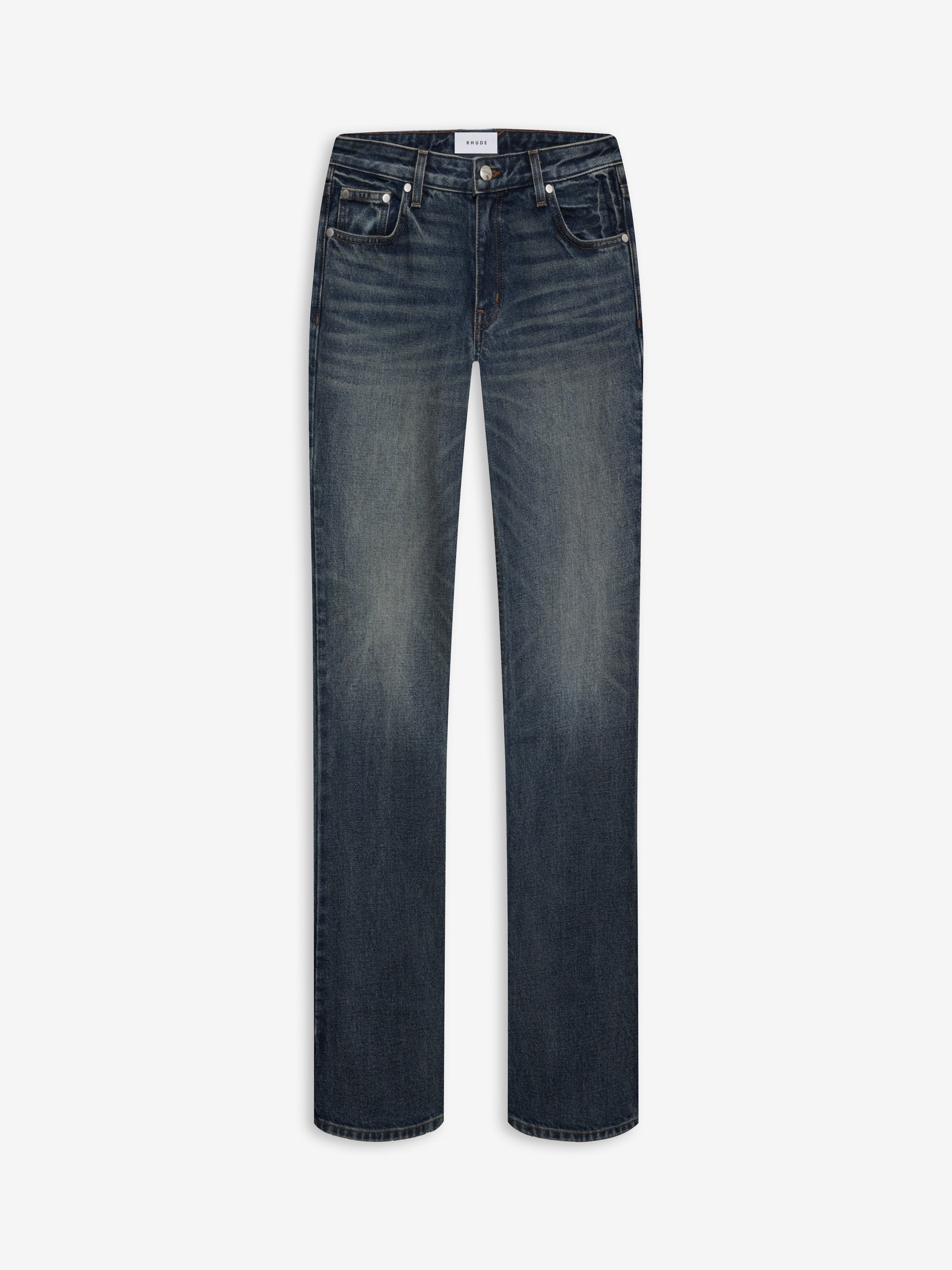 RHUDE WOMEN'S DARK INDIGO LOW-WAIST FLARE JEANS