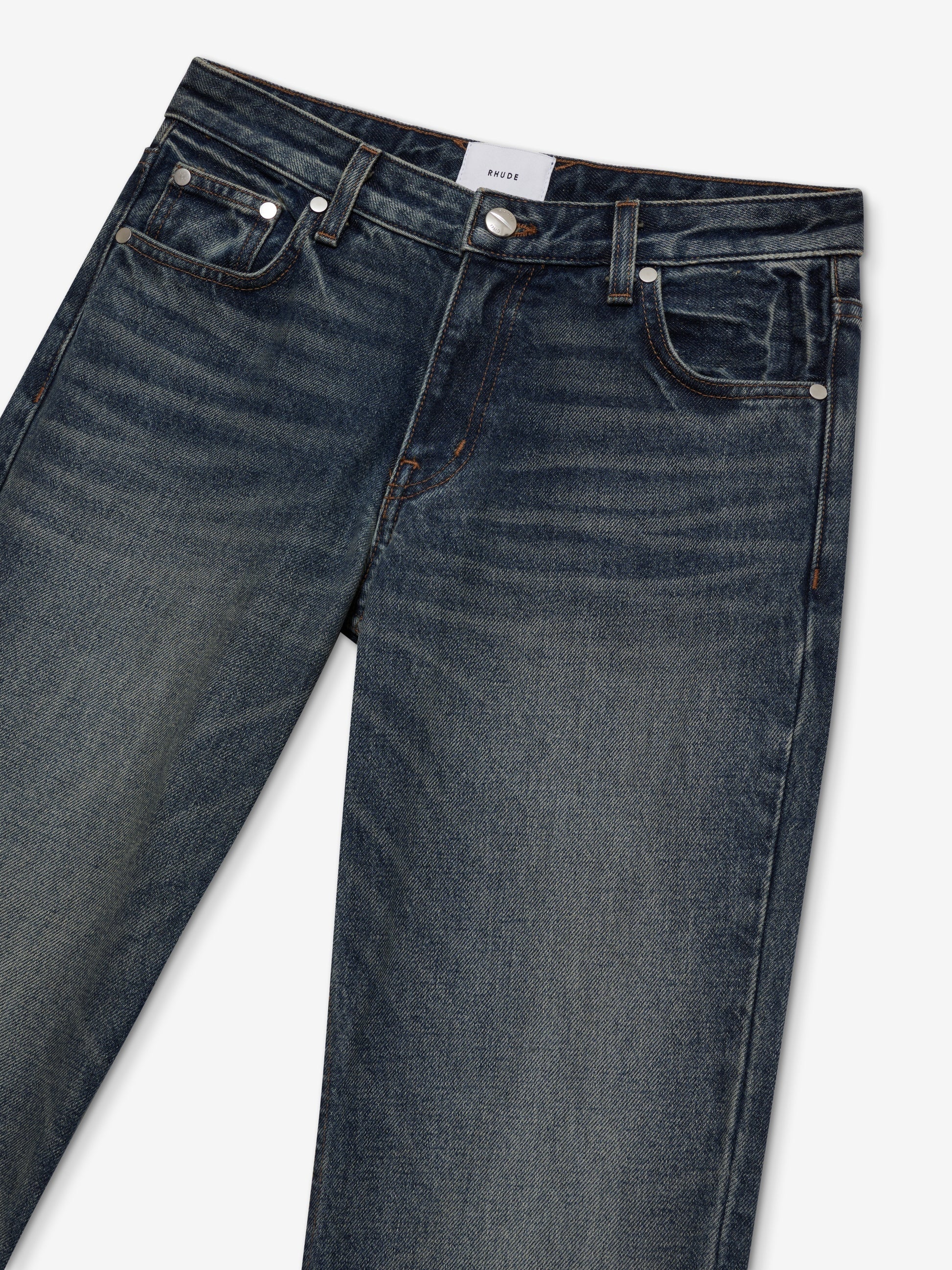 RHUDE WOMEN'S DARK INDIGO LOW-WAIST FLARE JEANS