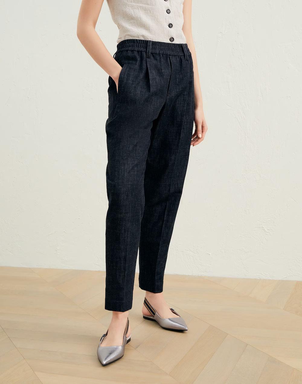 BRUNELLO CUCINELLI WOMEN'S DENIM BLACK TAPERED COTTON TROUSERS WITH ELASTIC WAIST