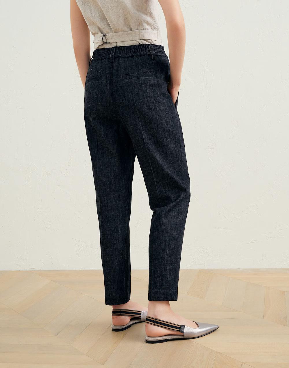 BRUNELLO CUCINELLI WOMEN'S DENIM BLACK TAPERED COTTON TROUSERS WITH ELASTIC WAIST