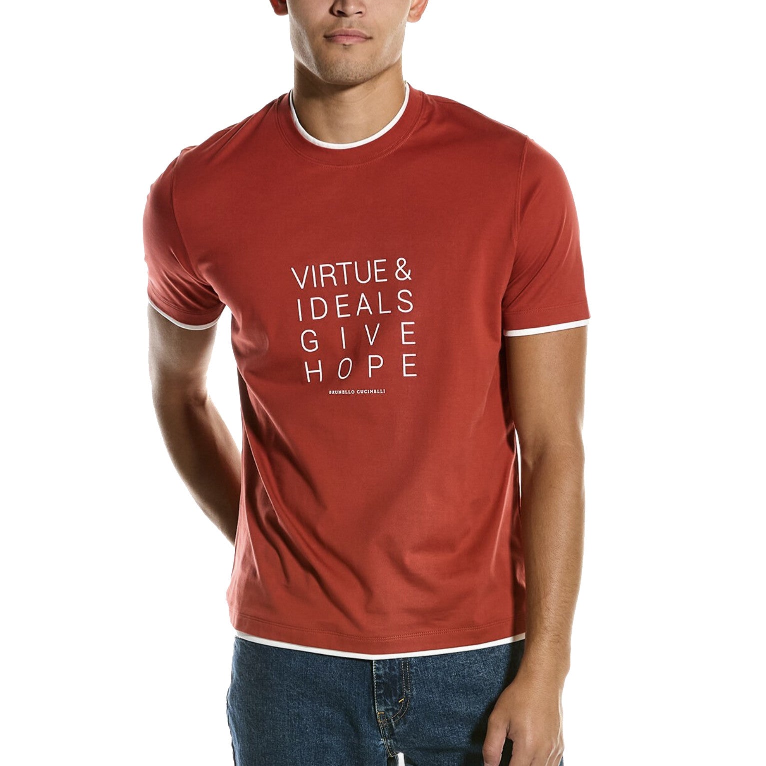 BRUNELLO CUCINELLI MEN'S RED CREW NECK LOGO T-SHIRT