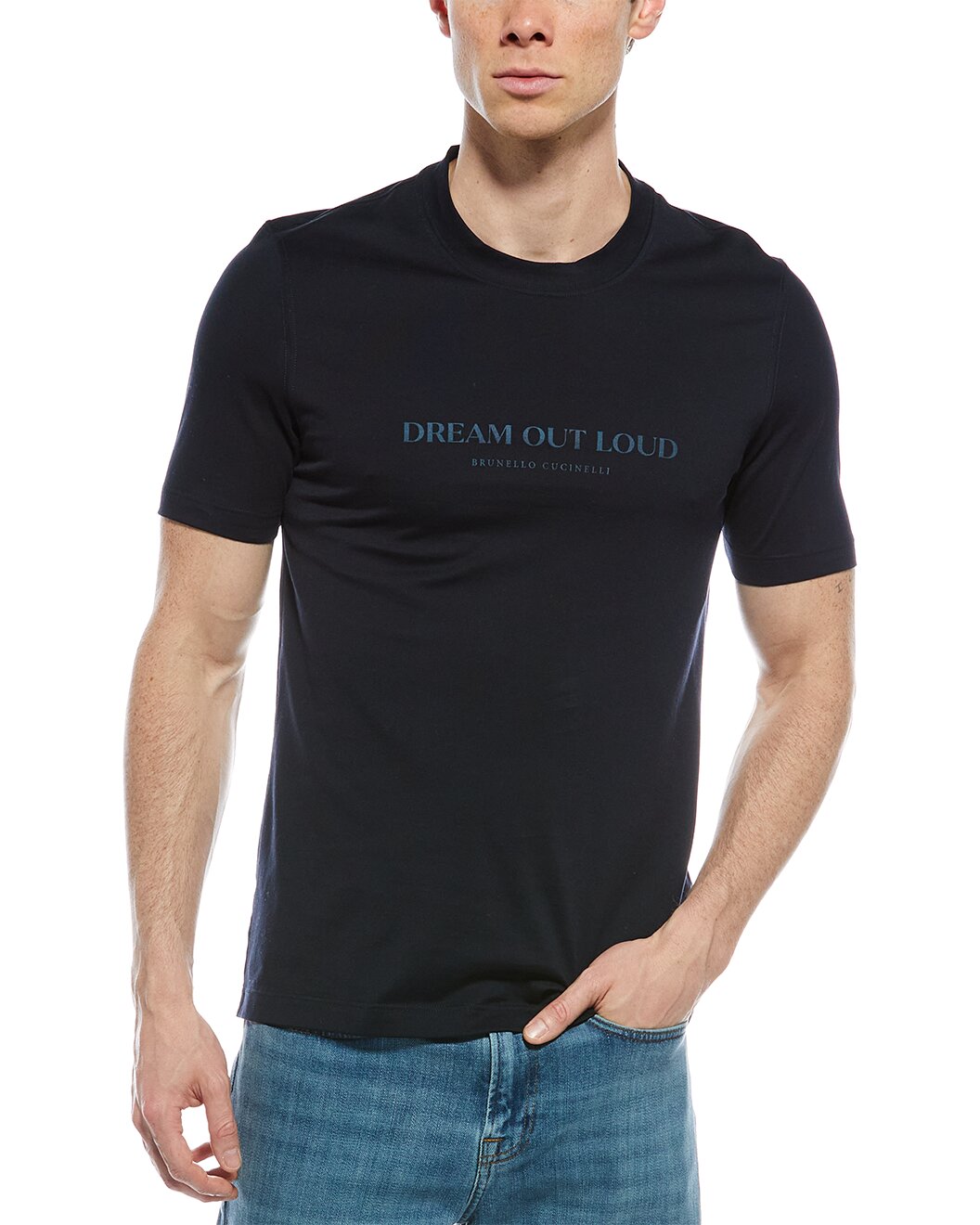 BRUNELLO CUCINELLI MEN'S NAVY CREW NECK LOGO T-SHIRT