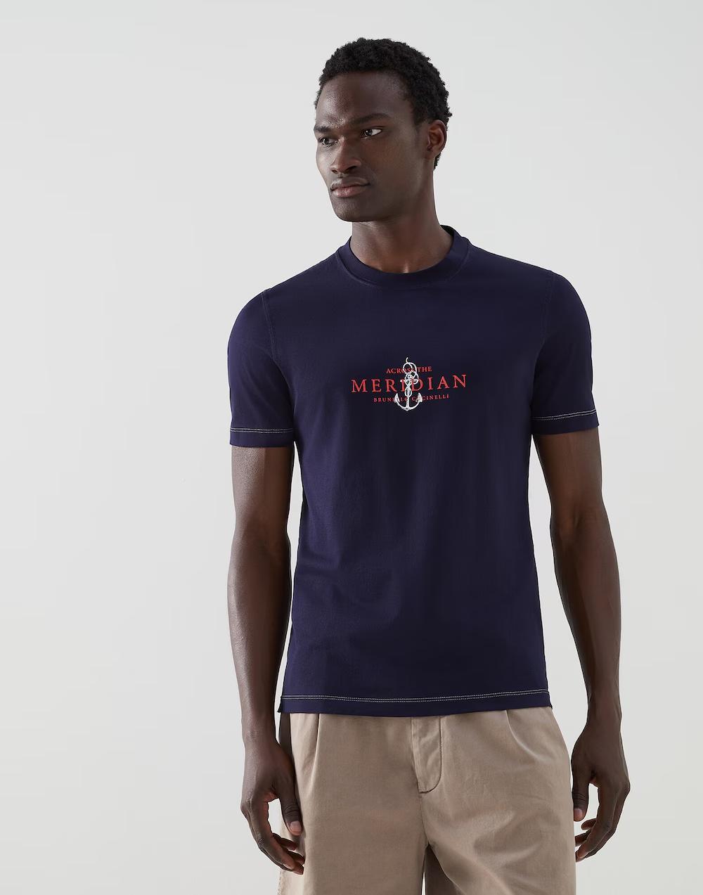 BRUNELLO CUCINELLI MEN'S COBALT GRAPHIC CREWNECK T-SHIRT