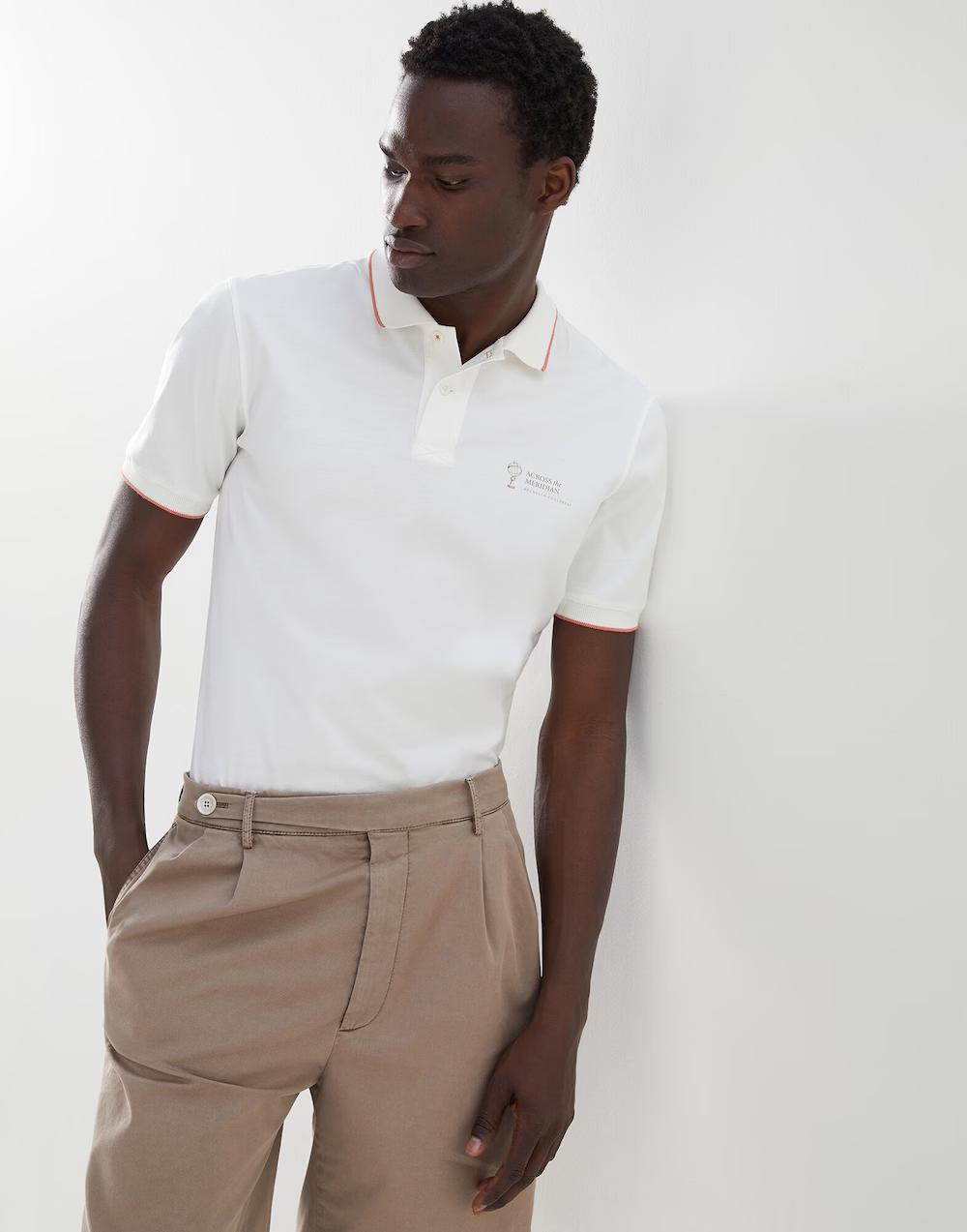 BRUNELLO CUCINELLI MEN'S OFF-WHITE POLO SHIRT WITH EMBROIDERY
