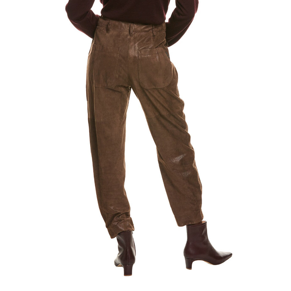 BRUNELLO CUCINELLI WOMEN'S BROWN LEATHER RELAXED TROUSERS