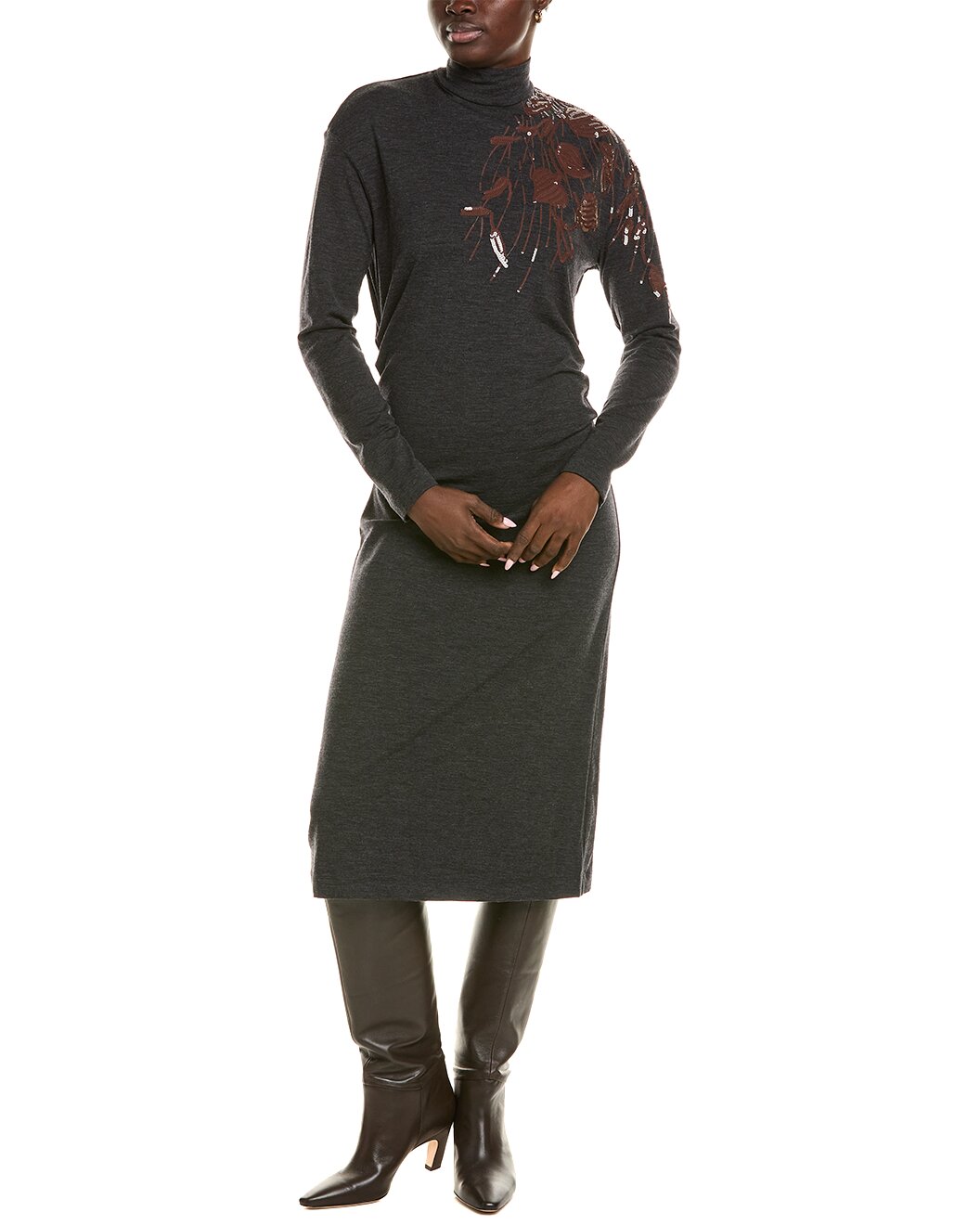 BRUNELLO CUCINELLI WOMEN'S CHARCOAL EMBELLISHED KNIT DRESS