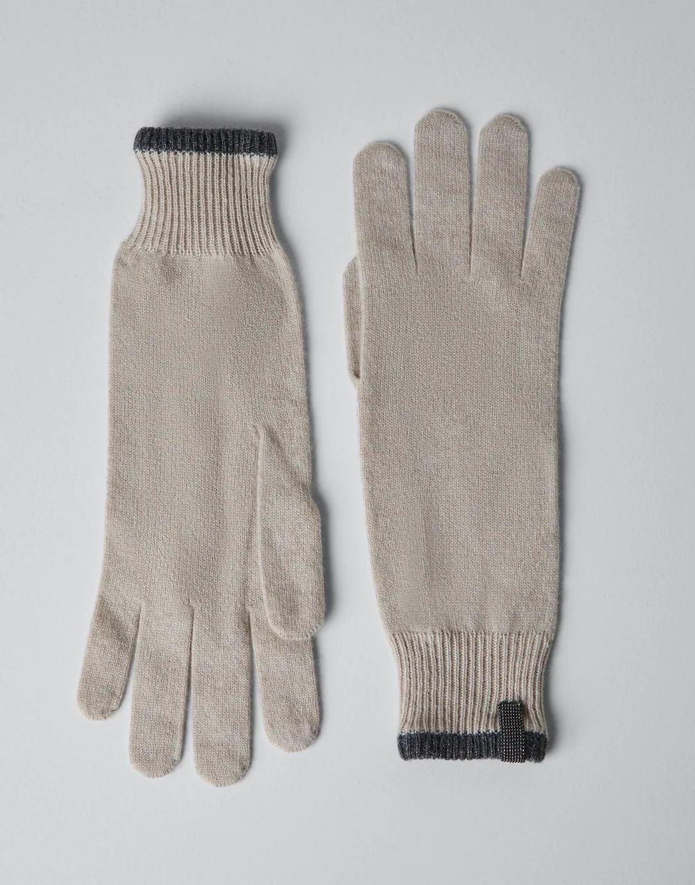 BRUNELLO CUCINELLI WOMEN'S BEIGE KNIT GLOVES WITH CONTRAST TRIM