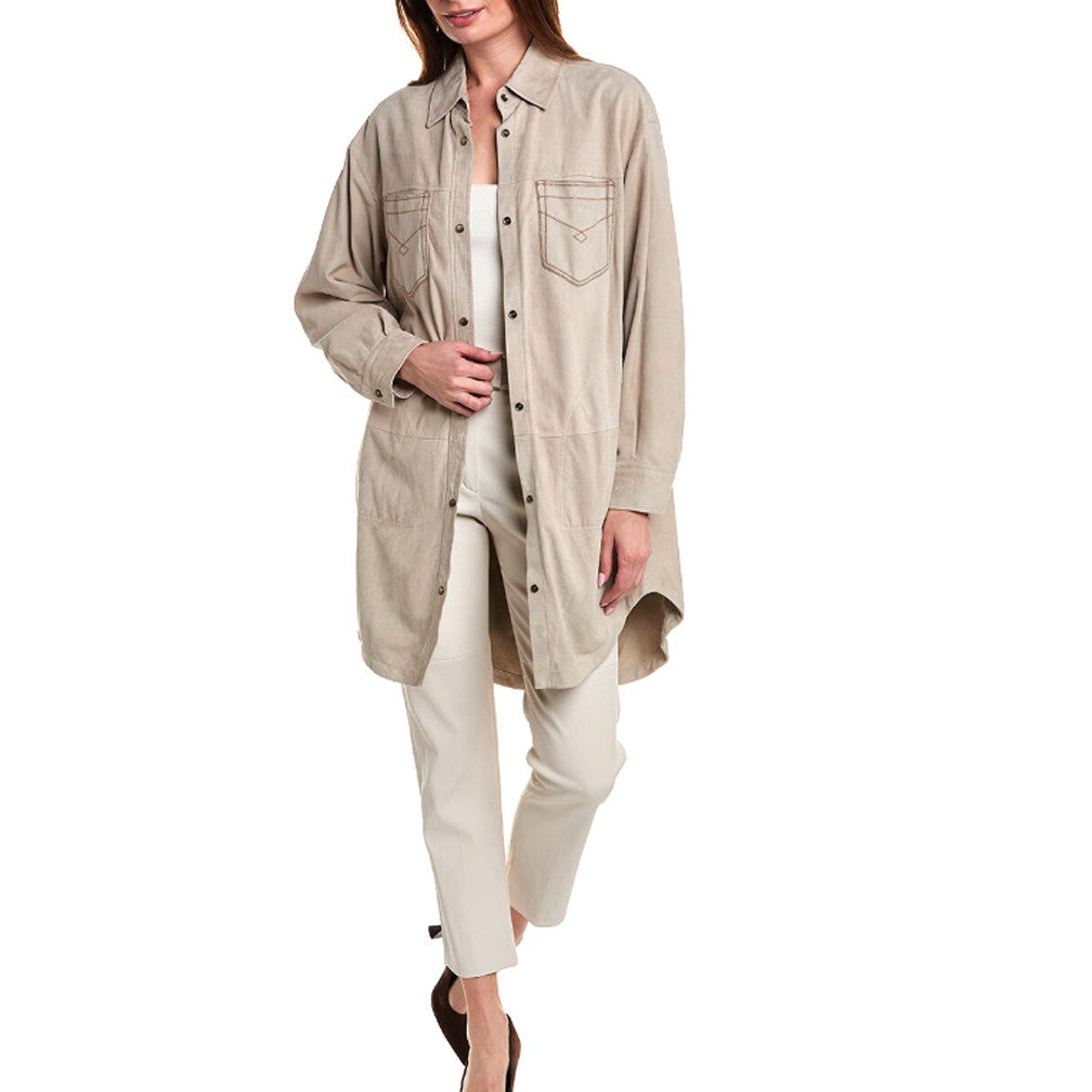 BRUNELLO CUCINELLI WOMEN'S BEIGE LEATHER LONG JACKET
