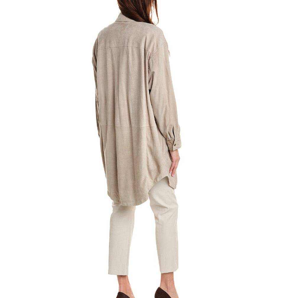 BRUNELLO CUCINELLI WOMEN'S BEIGE LEATHER LONG JACKET