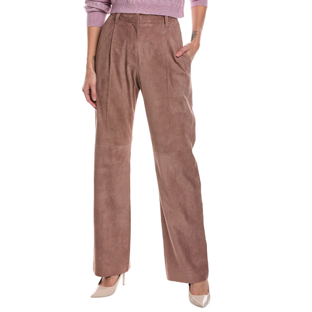 BRUNELLO CUCINELLI WOMEN'S OLD PINK LEATHER WIDE-LEG TROUSERS