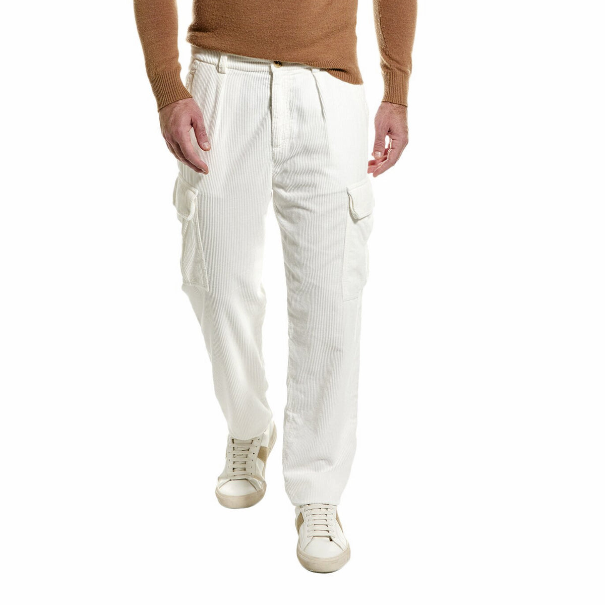 BRUNELLO CUCINELLI MEN'S OFF WHITE CARGO COTTON TROUSERS