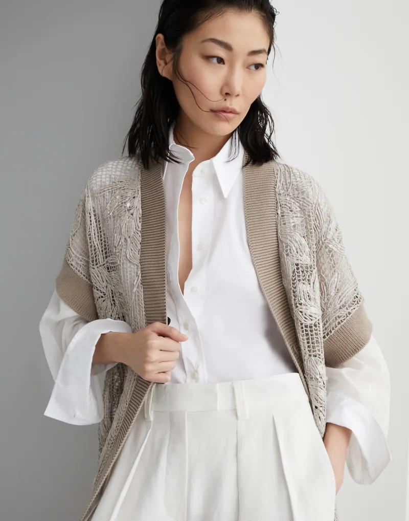 BRUNELLO CUCINELLI WOMEN'S BEIGE LONG OPENWORK SWEATER
