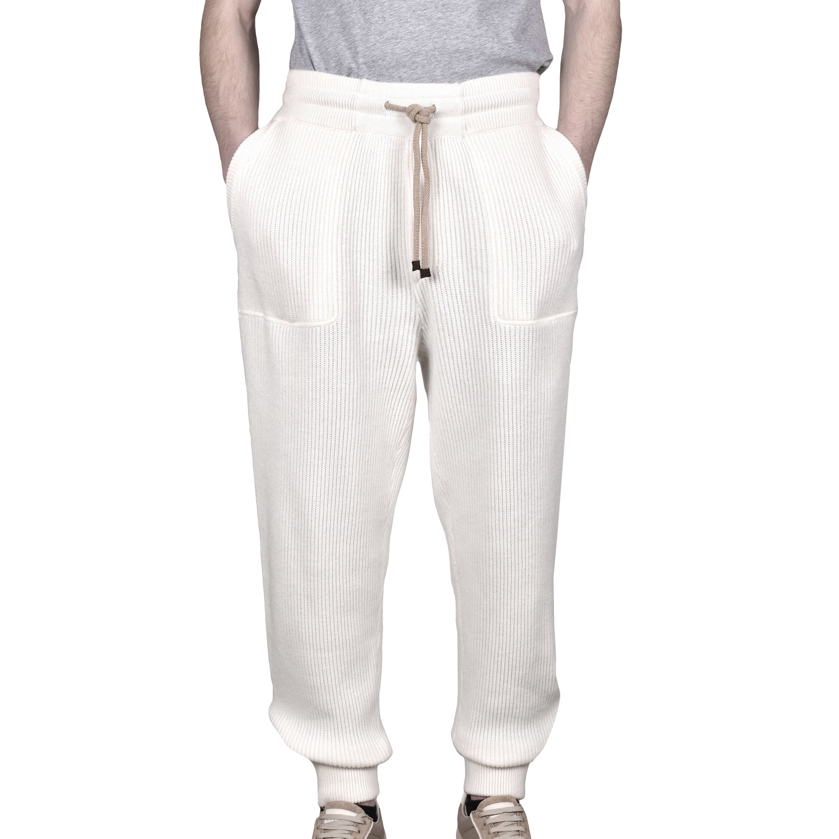 BRUNELLO CUCINELLI MEN'S CREAM RIBBED DRAWSTRING TROUSERS