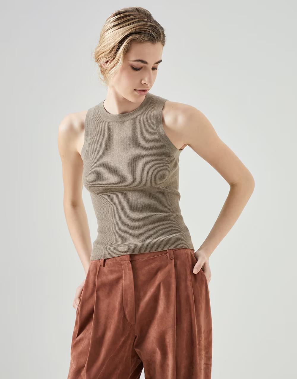BRUNELLO CUCINELLI WOMEN'S TAUPE RIBBED KNIT TANK TOP