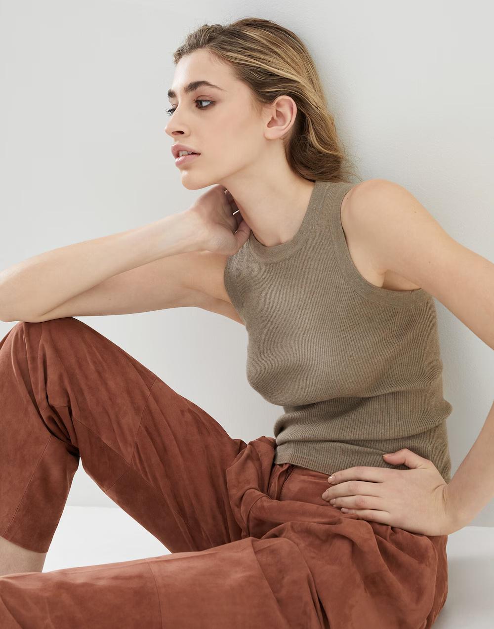 BRUNELLO CUCINELLI WOMEN'S TAUPE RIBBED KNIT TANK TOP