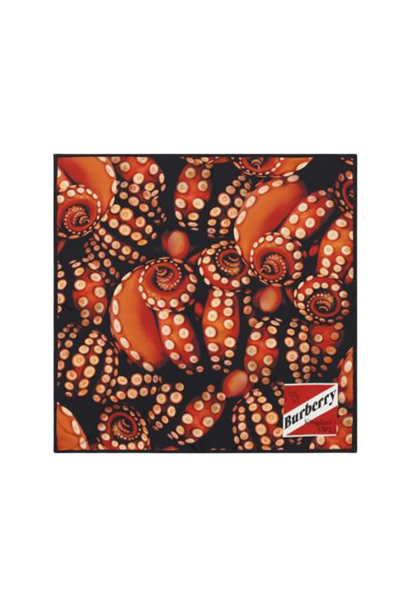 Burberry Black Coral Octopus and Logo Graphic Print Silk Square Scarf