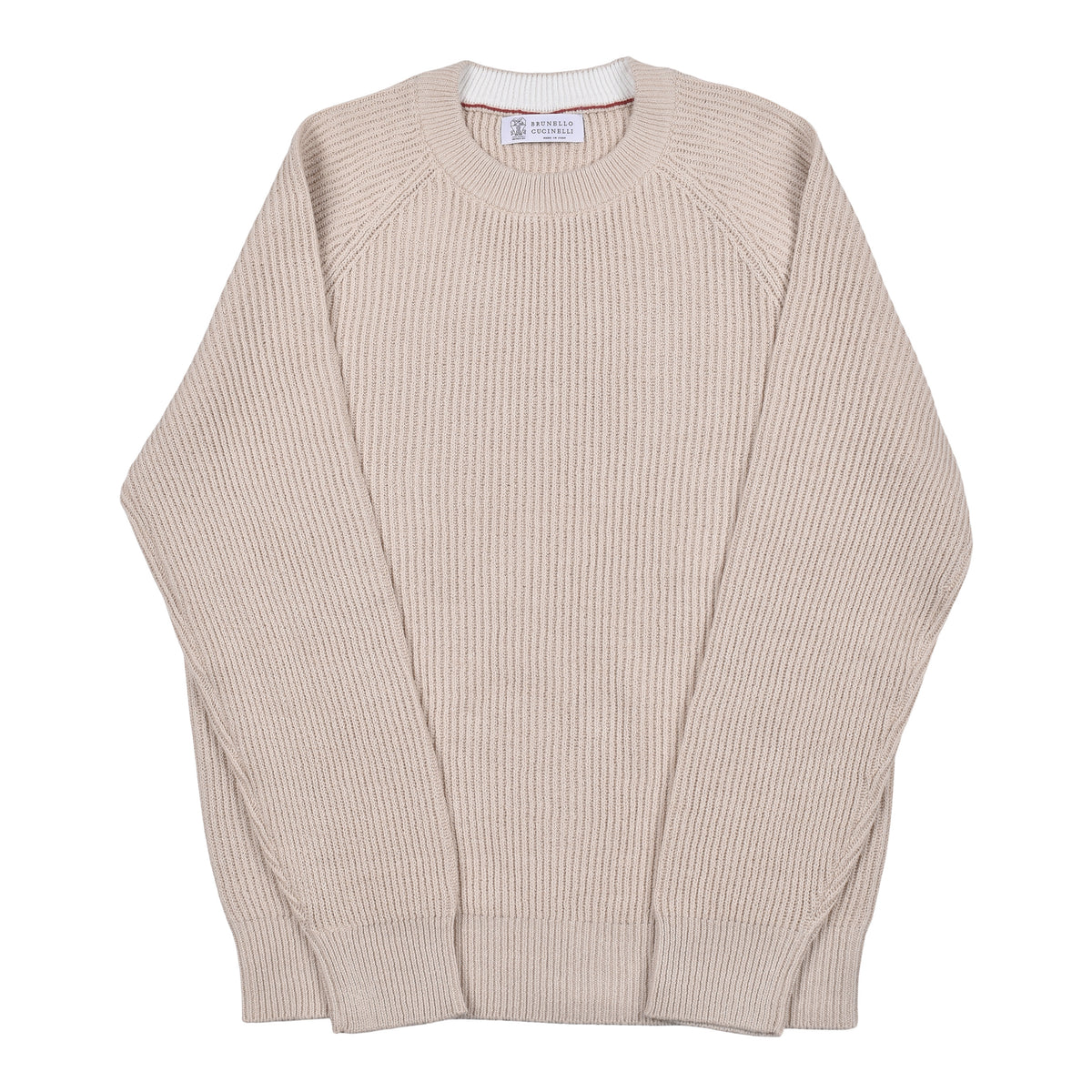 BRUNELLO CUCINELLI MEN'S BEIGE RIBBED COTTON SWEATER