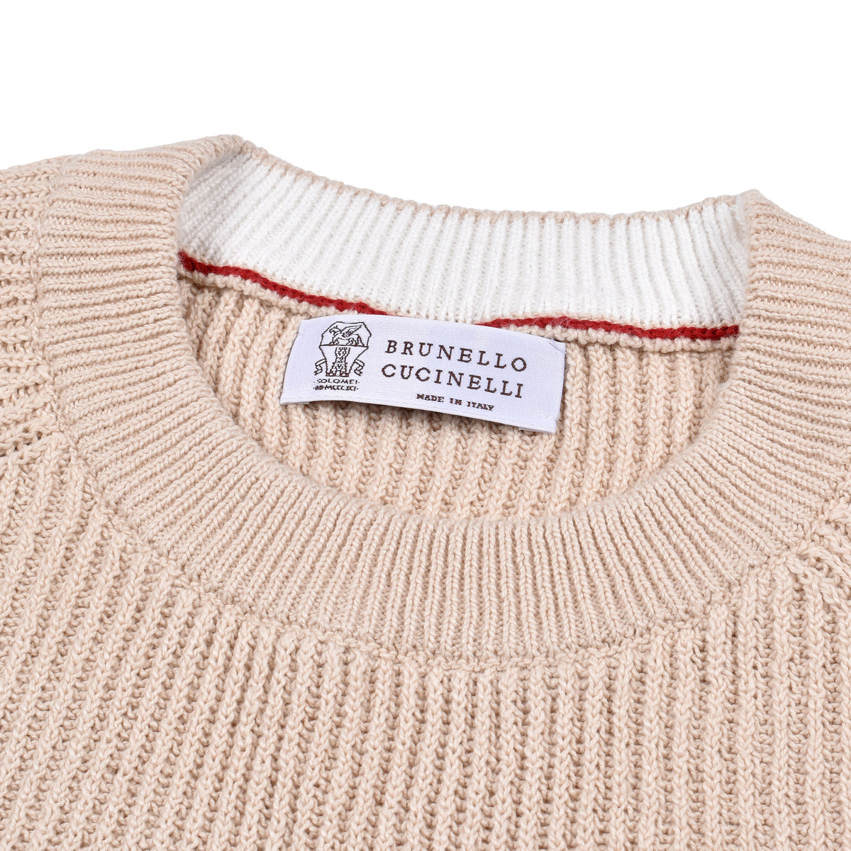 BRUNELLO CUCINELLI MEN'S BEIGE RIBBED COTTON SWEATER