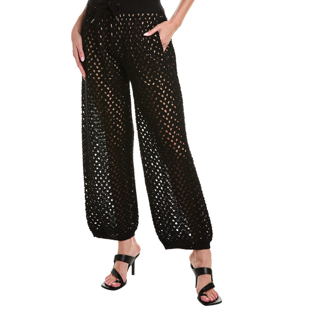 BRUNELLO CUCINELLI WOMEN'S BLACK OPEN-KNIT TROUSERS