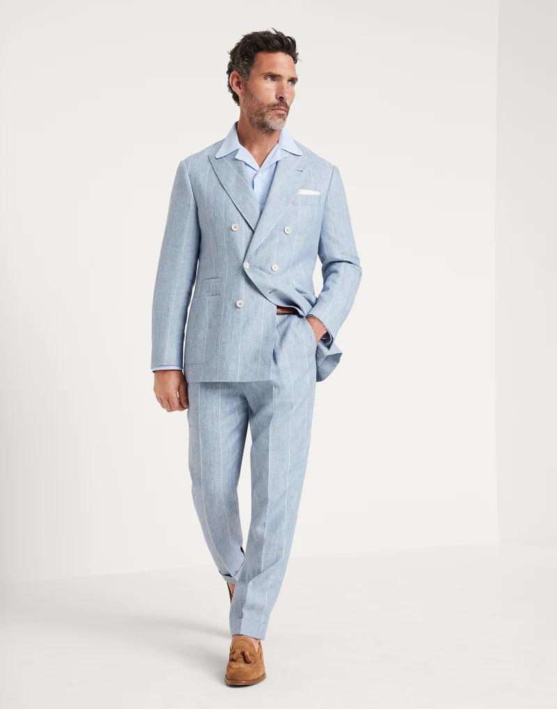 BRUNELLO CUCINELLI MEN'S LIGHT BLUE LINEN TROUSERS