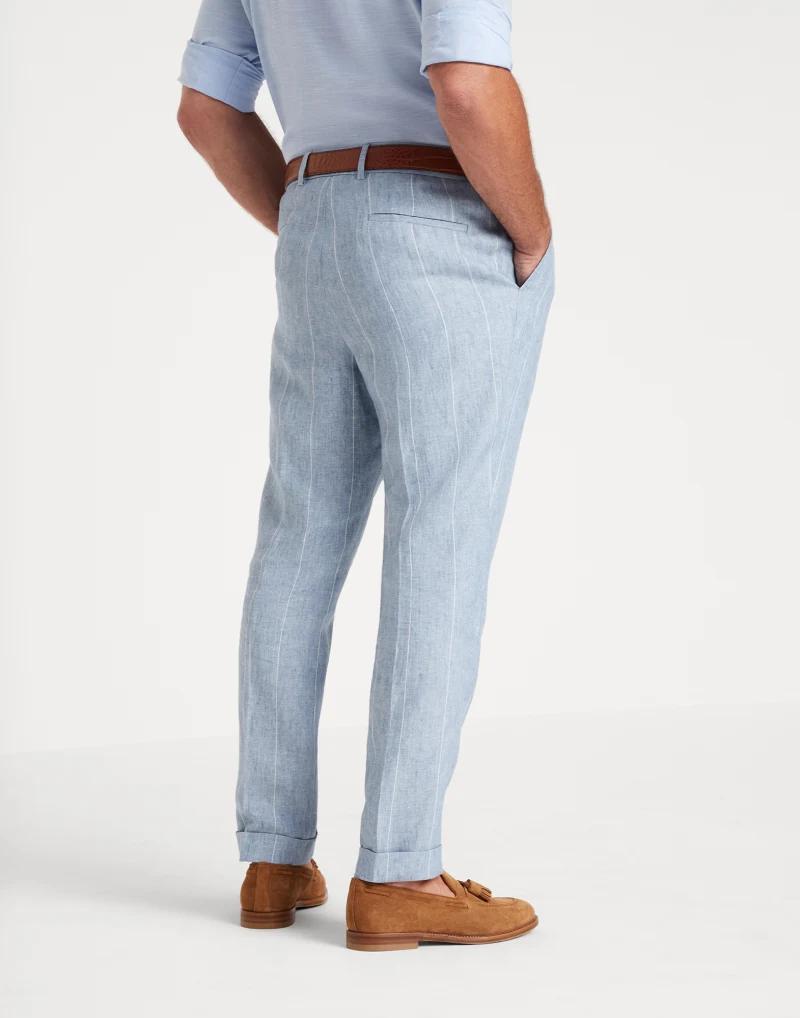 BRUNELLO CUCINELLI MEN'S LIGHT BLUE LINEN TROUSERS