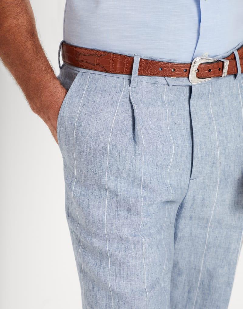 BRUNELLO CUCINELLI MEN'S LIGHT BLUE LINEN TROUSERS
