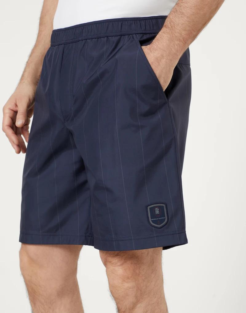 BRUNELLO CUCINELLI MEN'S BLUE PINSTRIPE GYM SHORTS