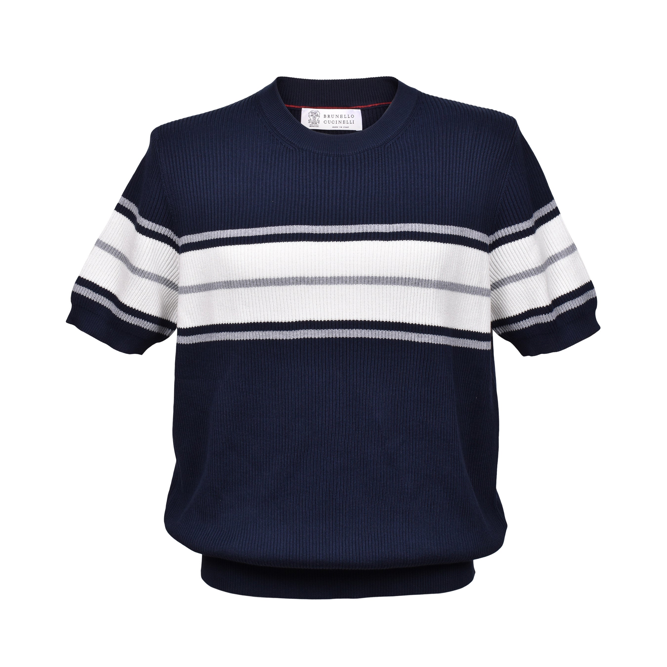 BRUNELLO CUCINELLI MEN'S 100% COTTON TWO TONE CREW NECK SHORT SLEEVE SWEATER