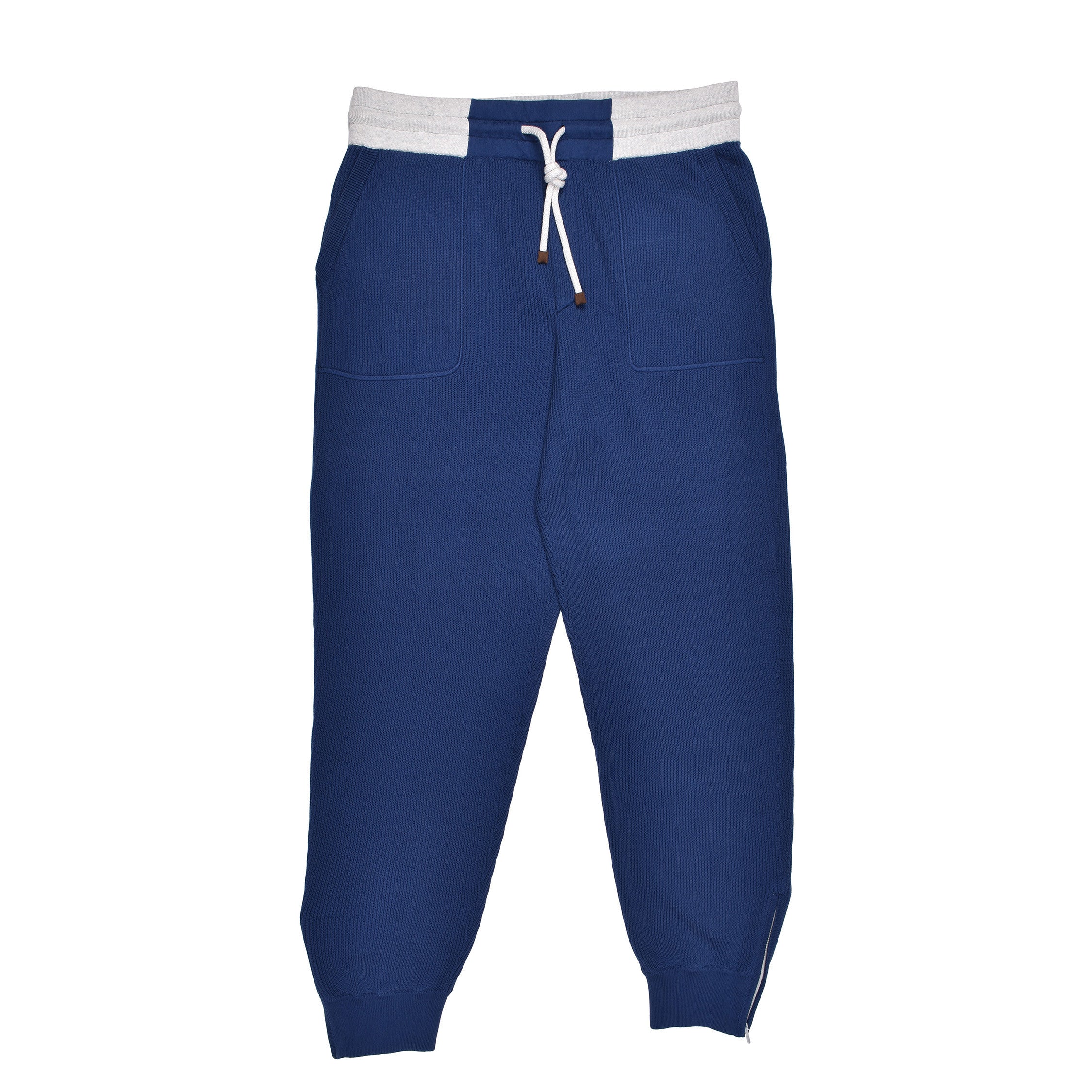 BRUNELLO CUCINELLI MEN'S BLUE KNIT TROUSERS WITH DRAWSTRING