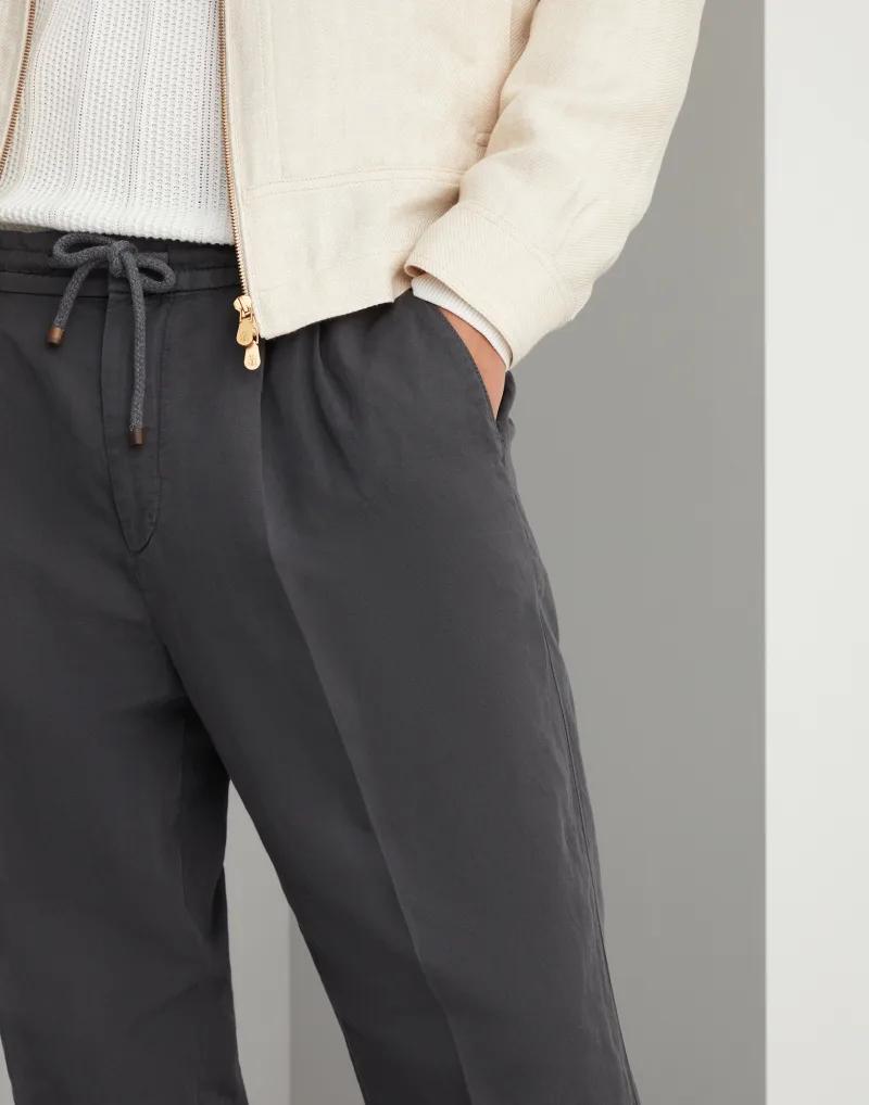 BRUNELLO CUCINELLI MEN'S ANTHRACITE LINEN BLEND DRAWSTRING TROUSERS