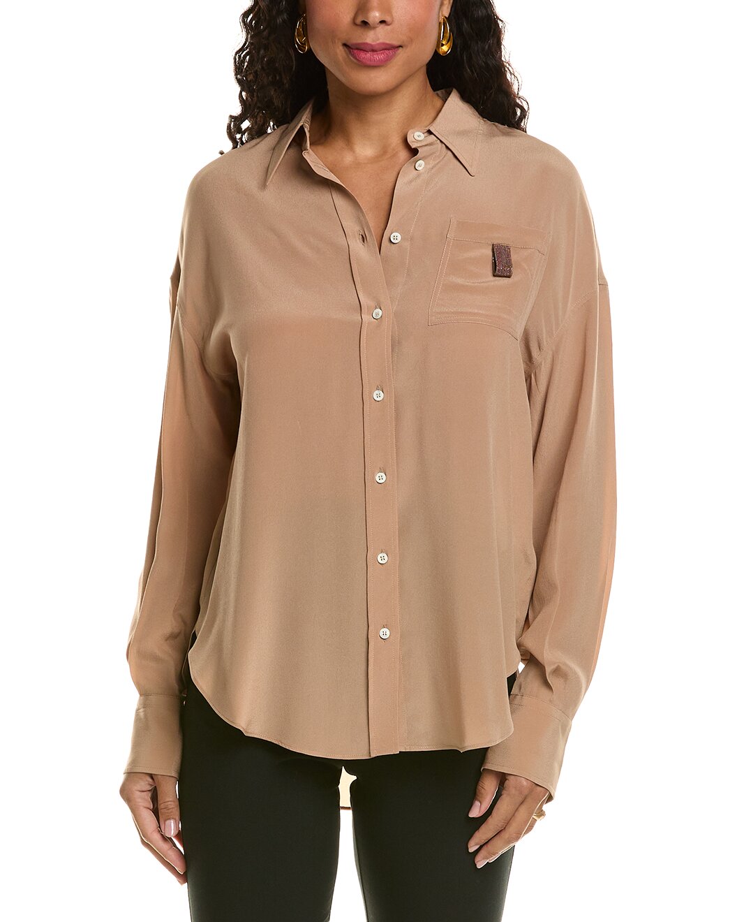 BRUNELLO CUCINELLI WOMEN'S ALMOND BUTTON-UP SHIRT WITH POCKET