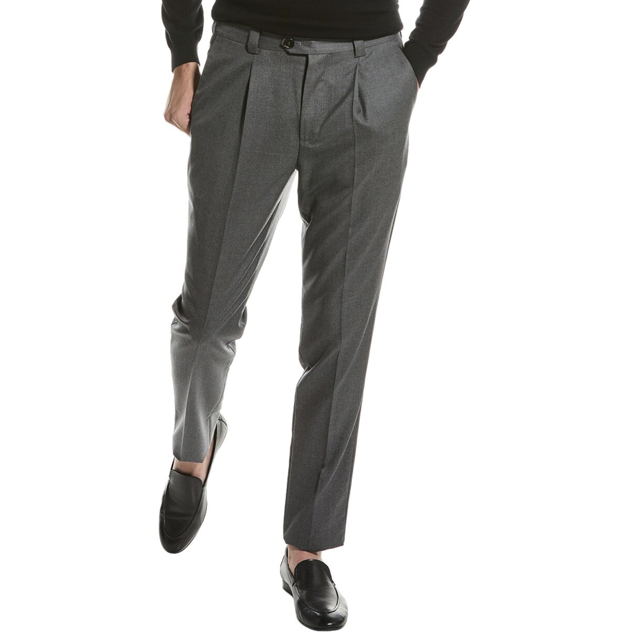 BRUNELLO CUCINELLI MEN'S GREY VIRGIN WOOL PLEATED TROUSERS