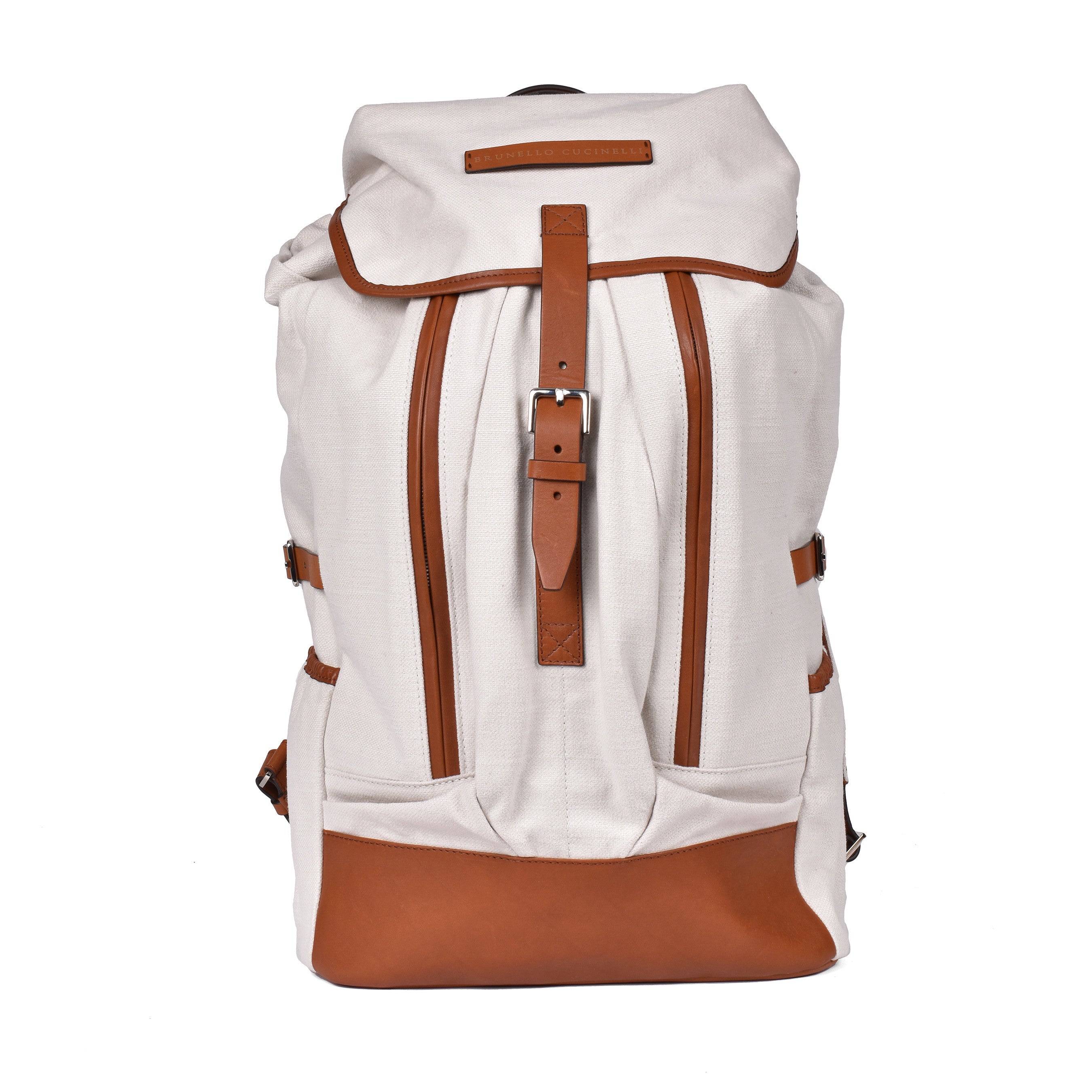 BRUNELLO CUCINELLI MEN'S OFF WHITE LEATHER TRIM BACKPACK