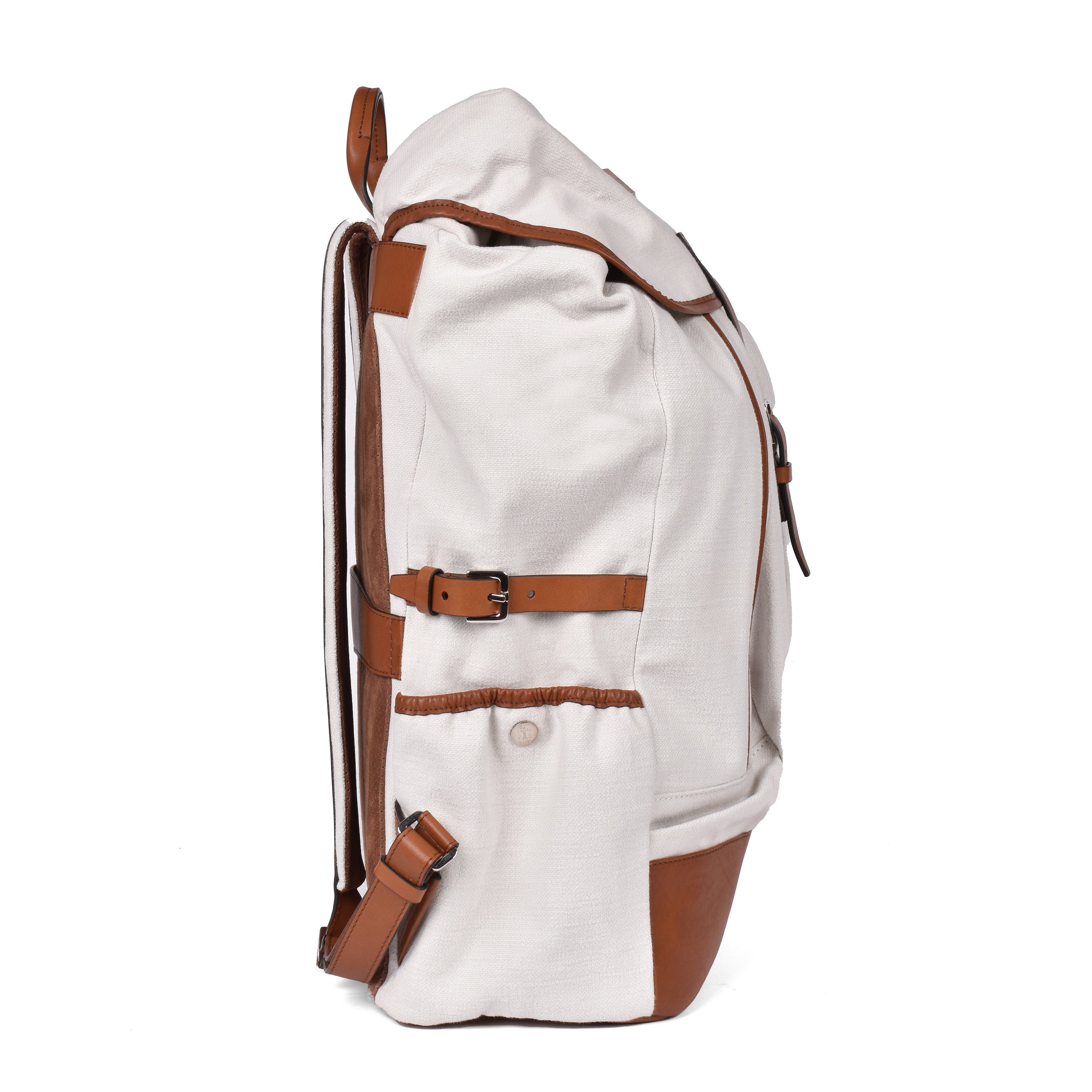 BRUNELLO CUCINELLI MEN'S OFF WHITE LEATHER TRIM BACKPACK