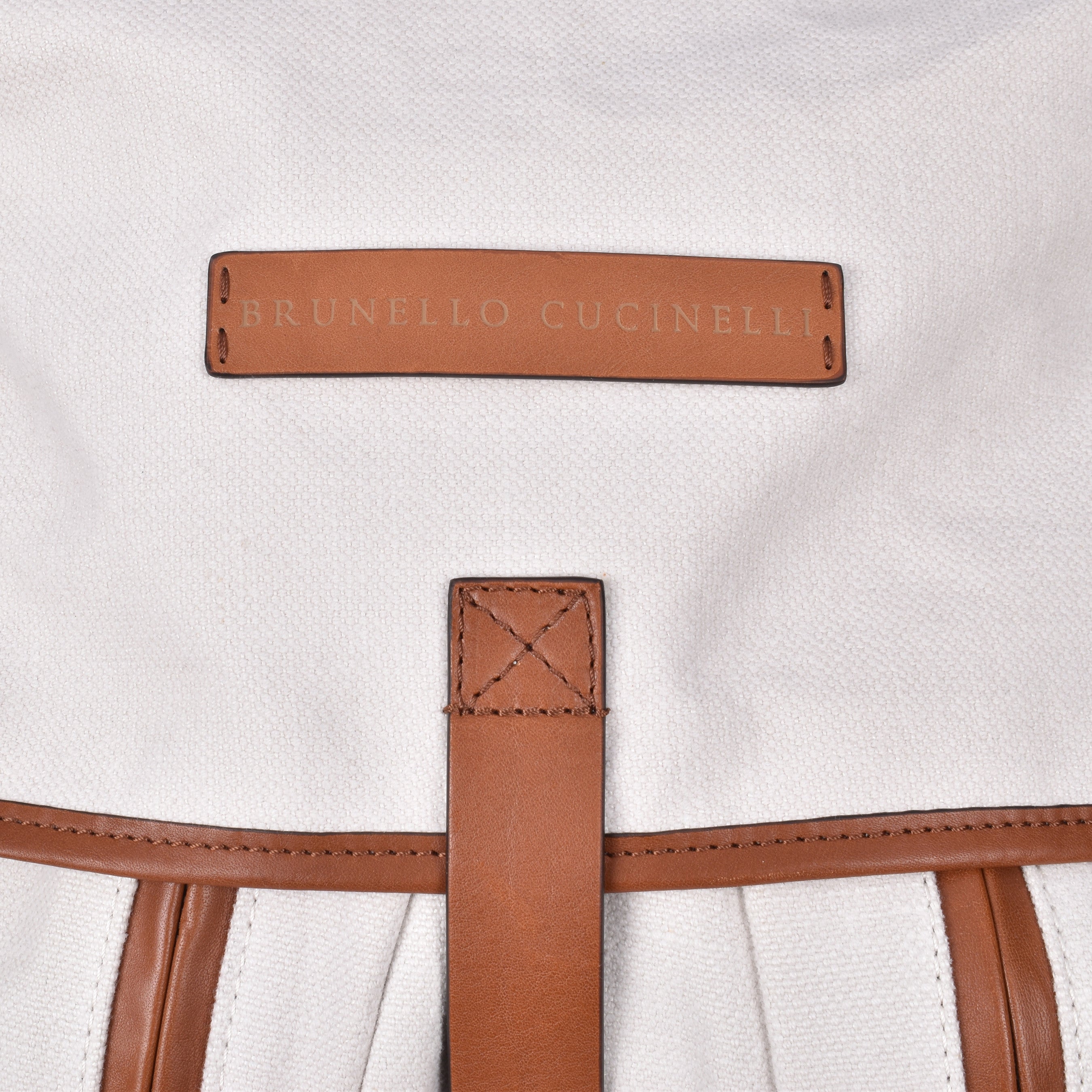 BRUNELLO CUCINELLI MEN'S OFF WHITE LEATHER TRIM BACKPACK