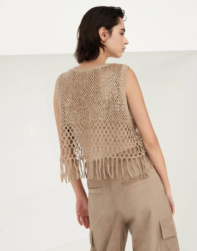 BRUNELLO CUCINELLI WOMEN'S BEIGE LINEN SLEEVELESS SWEATER
