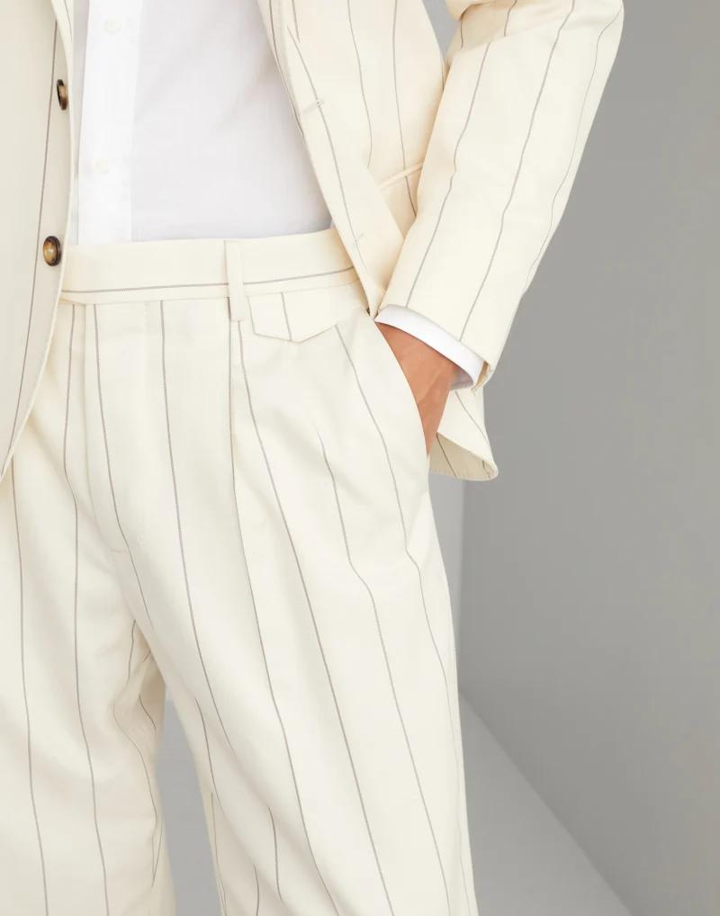 BRUNELLO CUCINELLI MEN'S CREAM WOOL PLEATED TROUSERS