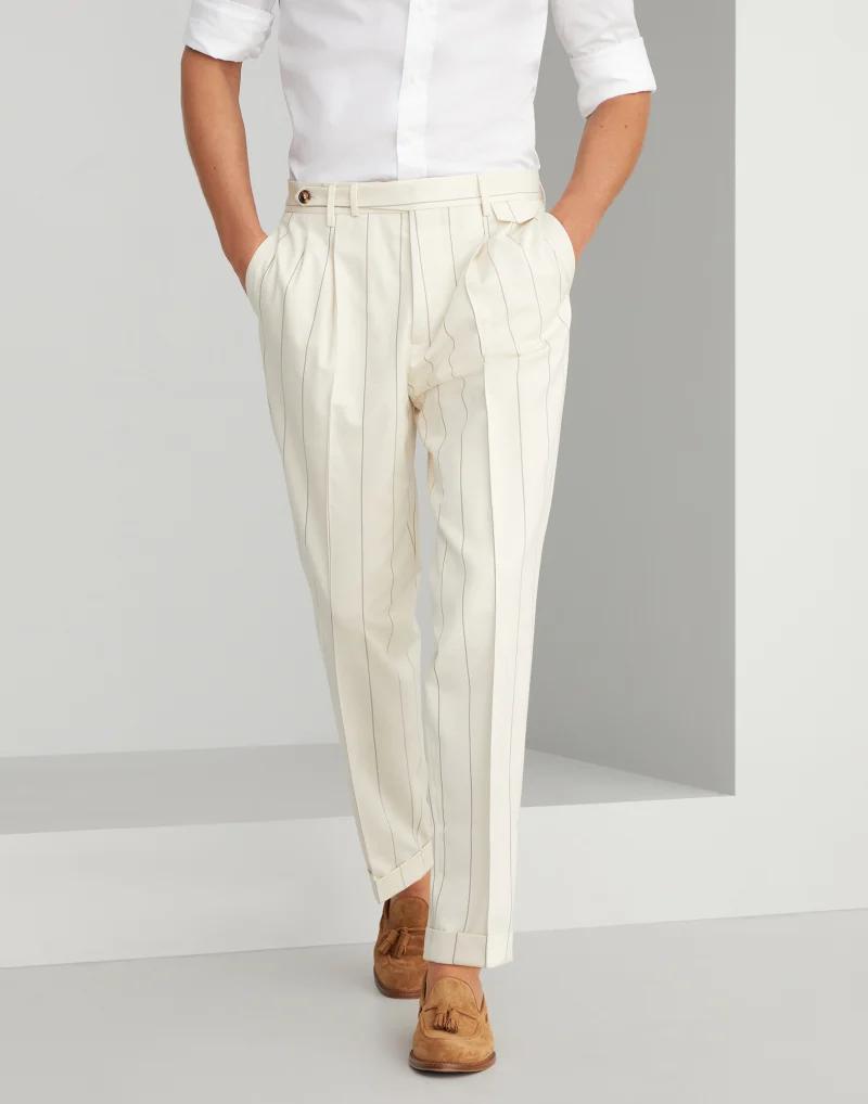 BRUNELLO CUCINELLI MEN'S CREAM WOOL PLEATED TROUSERS
