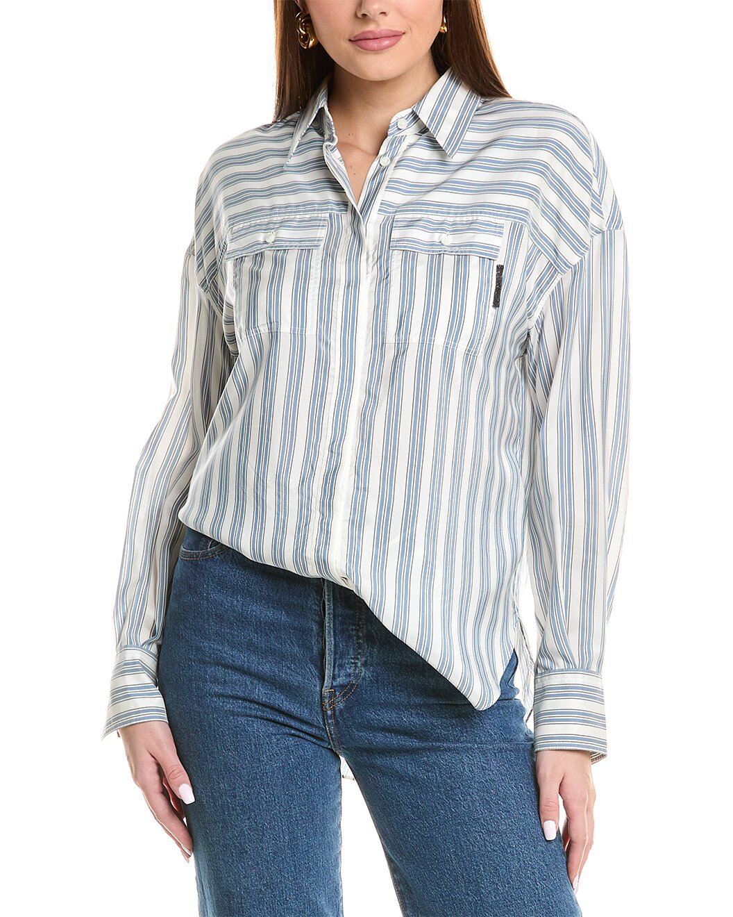 BRUNELLO CUCINELLI WOMEN'S WHITE AND BLUE STRIPED SHIRT