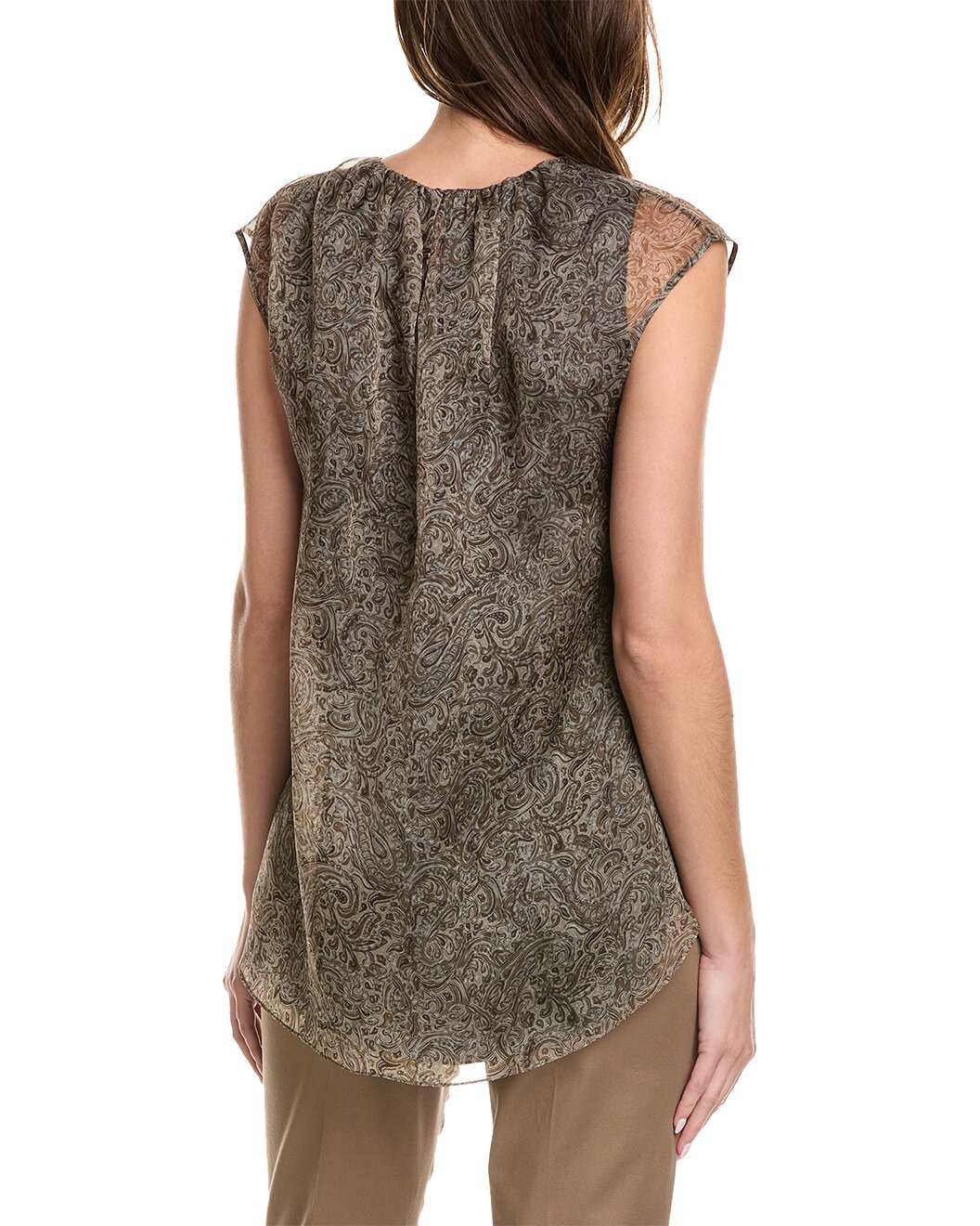 BRUNELLO CUCINELLI WOMEN'S BEIGE BROWN PAISLEY SHEER BLOUSE