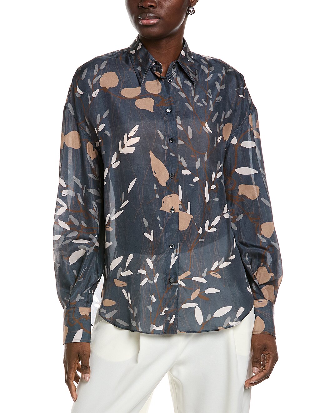 BRUNELLO CUCINELLI WOMEN'S NAVY FLORAL BUTTON-UP SHIRT