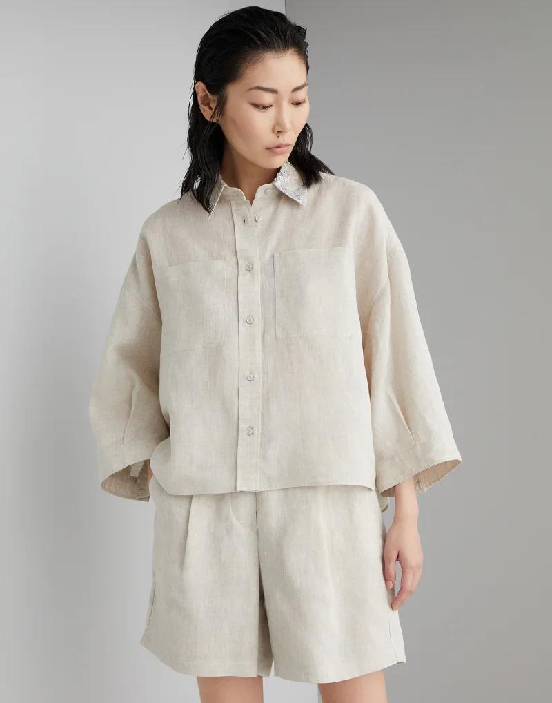 BRUNELLO CUCINELLI WOMEN'S NATURAL LINEN OVERSIZED SHIRT