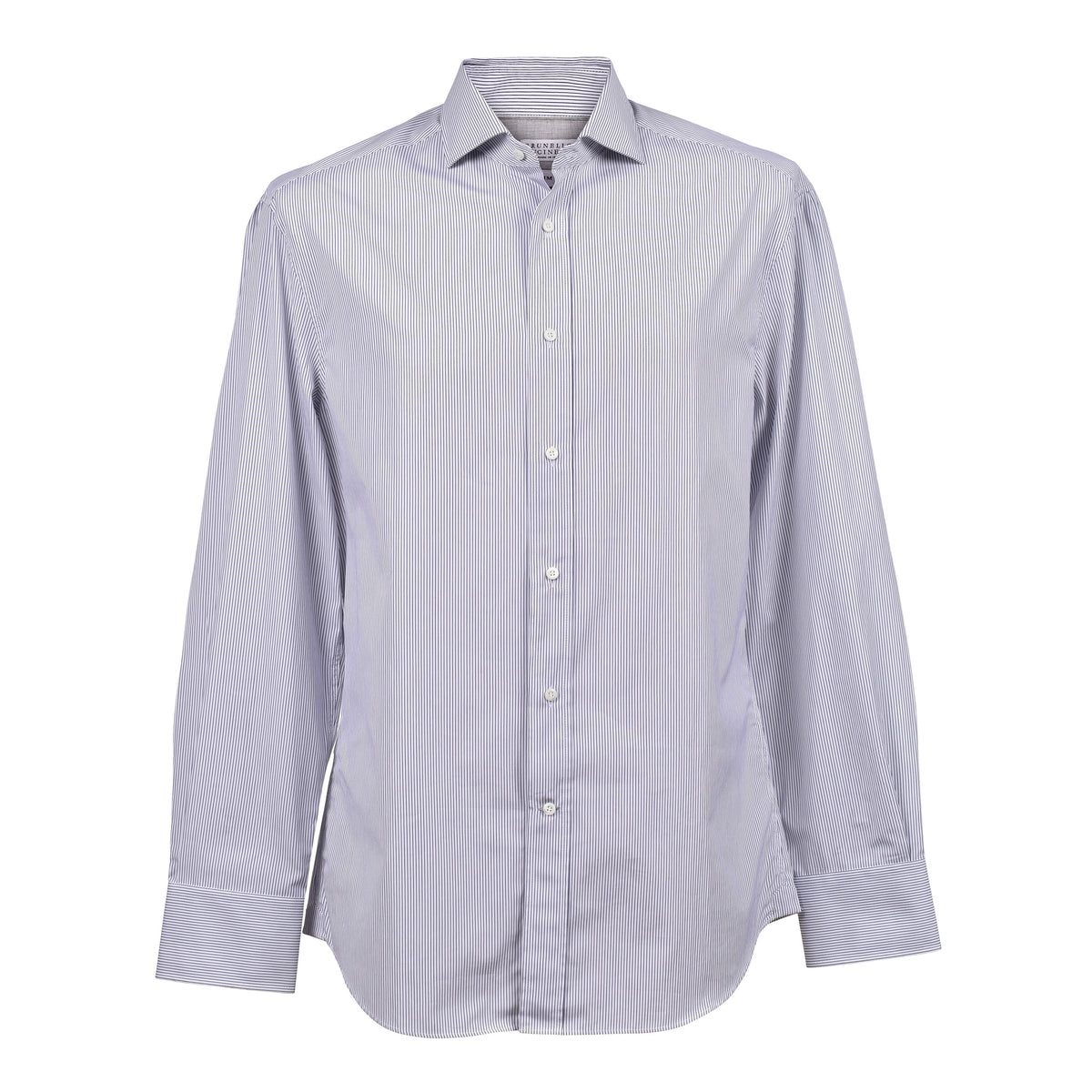 BRUNELLO CUCINELLI MEN'S WHITE NAVY STRIPED BUTTON-DOWN SHIRT
