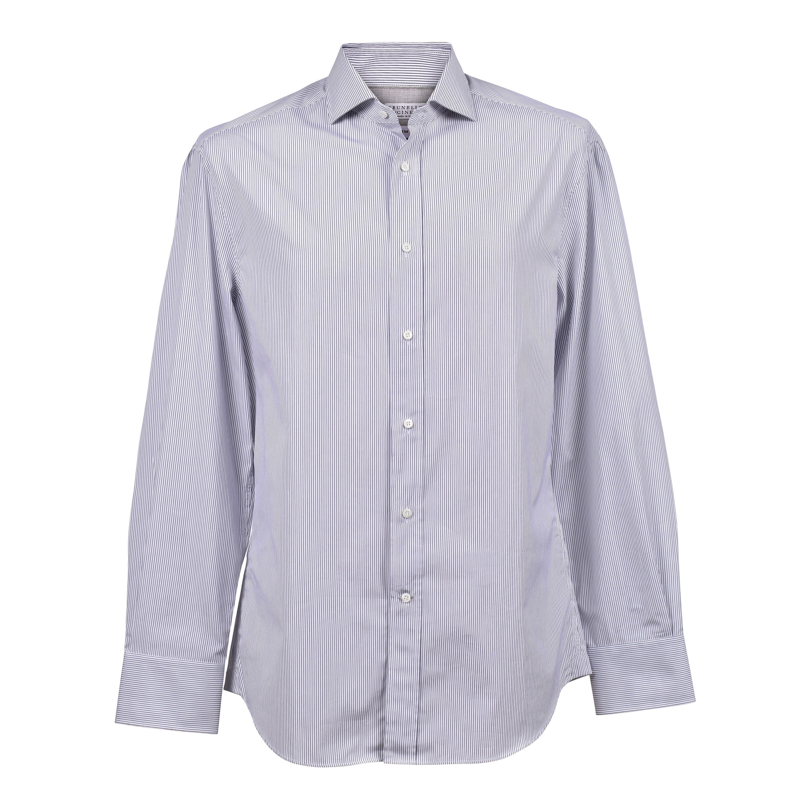 BRUNELLO CUCINELLI MEN'S WHITE NAVY STRIPED BUTTON-DOWN SHIRT