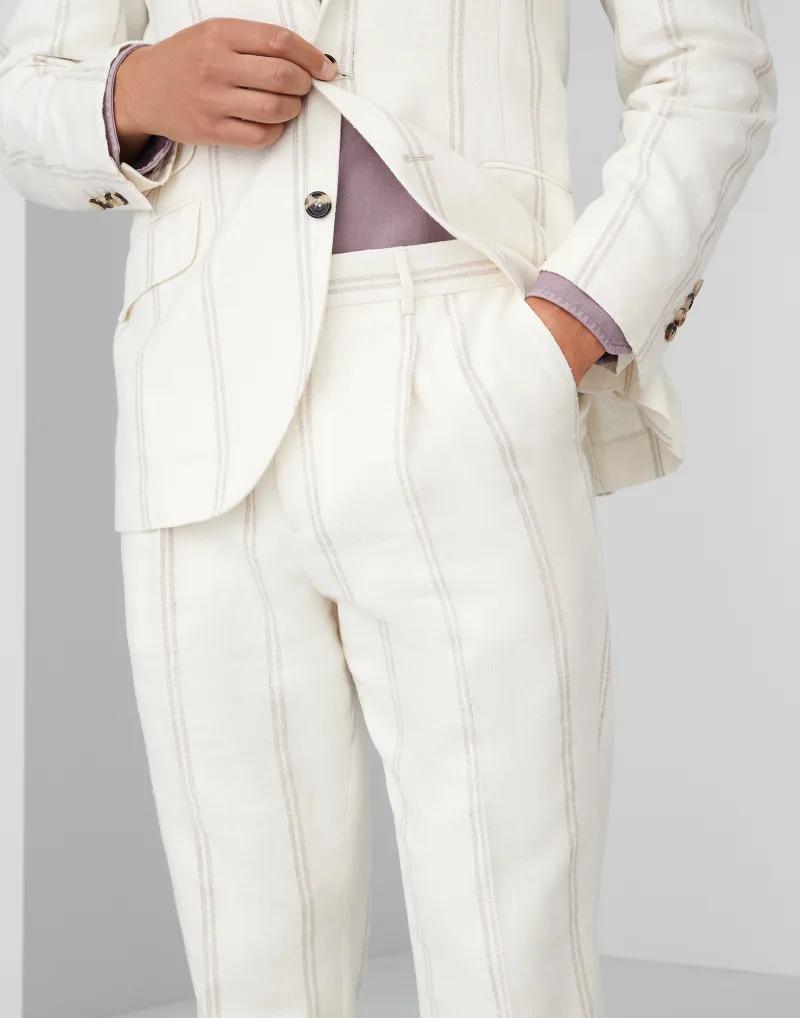 BRUNELLO CUCINELLI MEN'S IVORY TAILORED TROUSERS WITH STRIPES