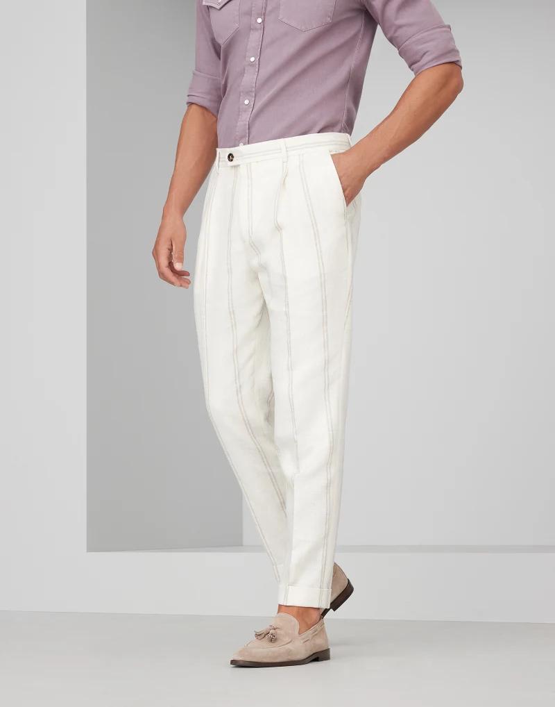BRUNELLO CUCINELLI MEN'S IVORY TAILORED TROUSERS WITH STRIPES