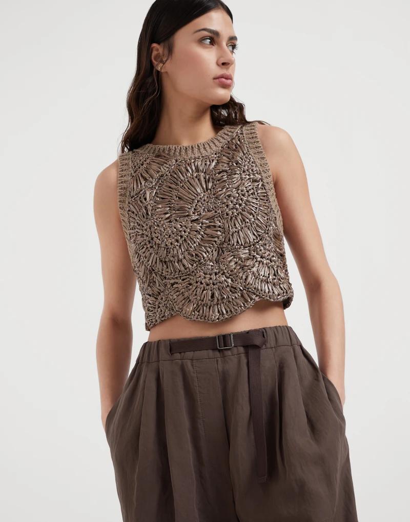 BRUNELLO CUCINELLI WOMEN'S BROWN WIDE LEG TROUSERS