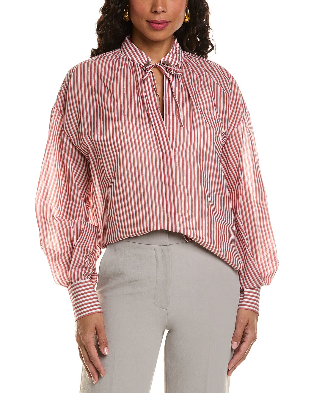 BRUNELLO CUCINELLI WOMEN'S RED STRIPED TIE-NECK BLOUSE