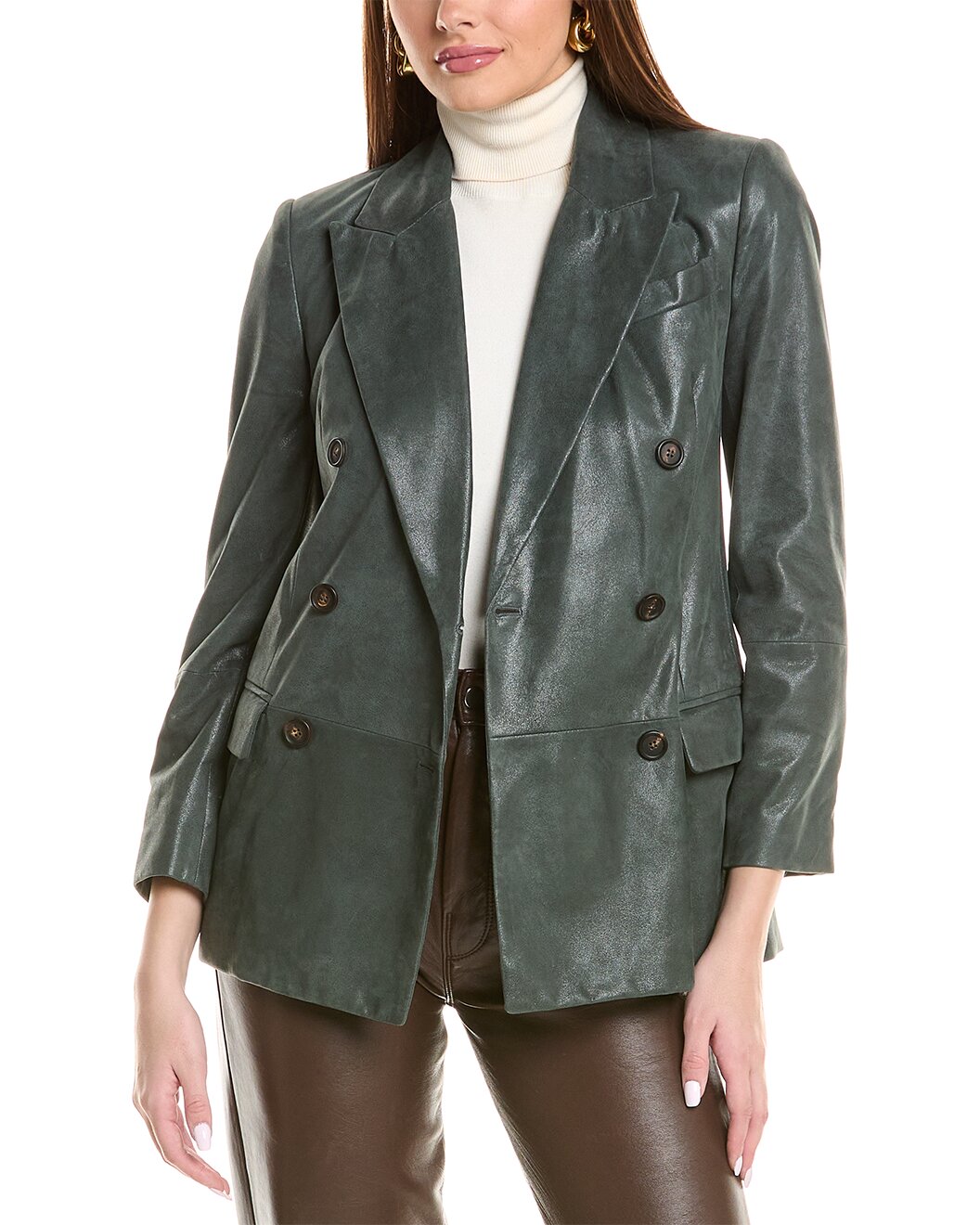 BRUNELLO CUCINELLI WOMEN'S FOREST GREEN LEATHER DOUBLE-BREASTED BLAZER