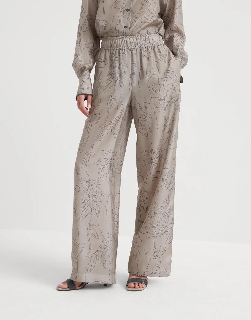 BRUNELLO CUCINELLI WOMEN'S LIGHT BEIGE SILK WIDE TROUSERS